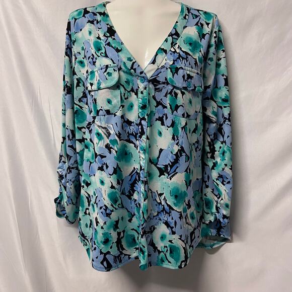 Covington Top Blouse V Neck 2 Pocket Gathered Sleeves Teal - Picture 1 of 8